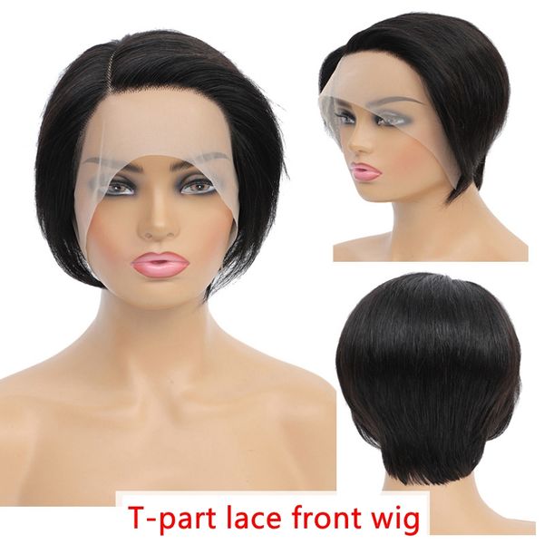 

bob pixie cut wig side part brazilian human hair vintage t-part lace front wig hair replacement, Black;brown