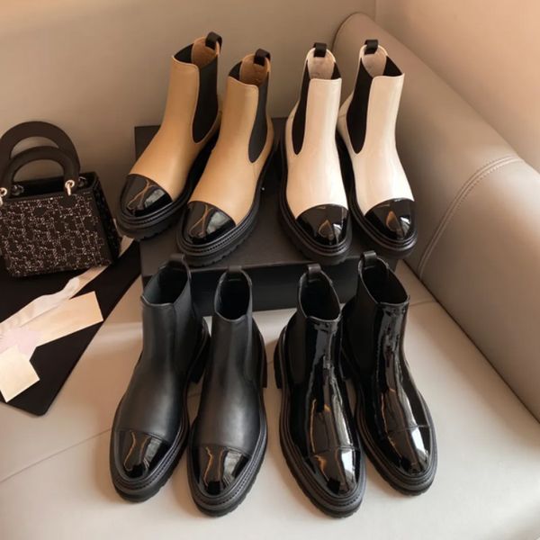 

chelsea boots womens cowskin patent leather high elasticity elastic band comfortable flat shoes designer mixed color thick bottom ankle boot, Black