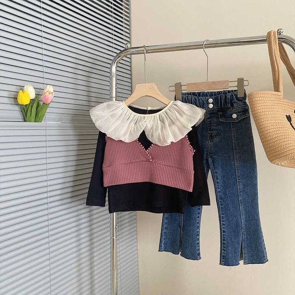 

clothing sets baby girl clothes autumn new solid color knitted vest doll neck bottoming shirt split jeans three piece set blouse for girls, White