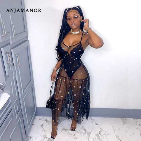 

casual dresses anjamanor glitter star sequin black mesh maxi dresses for women clothing summer sundresses party club outfits d89-cd23 t23021, Black;gray