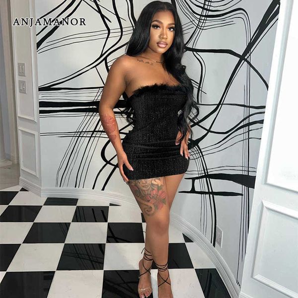 

casual dresses anjamanor strapless backless bodycon mini dress with feathers winter fashion women black club outfits party dress d36-bf20 t2, Black;gray