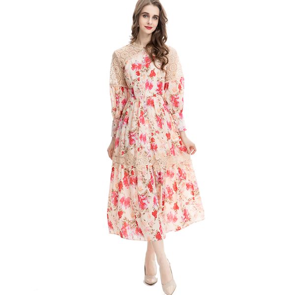 

women's runway dresses o neck long sleeves embroidery lace printed elegant fashion designer vestidos, Black