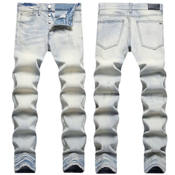 

men's jeans light color jeans men's stretch hole tie-dyed nostalgic small-foot am jeans trousers sh8x819, Blue