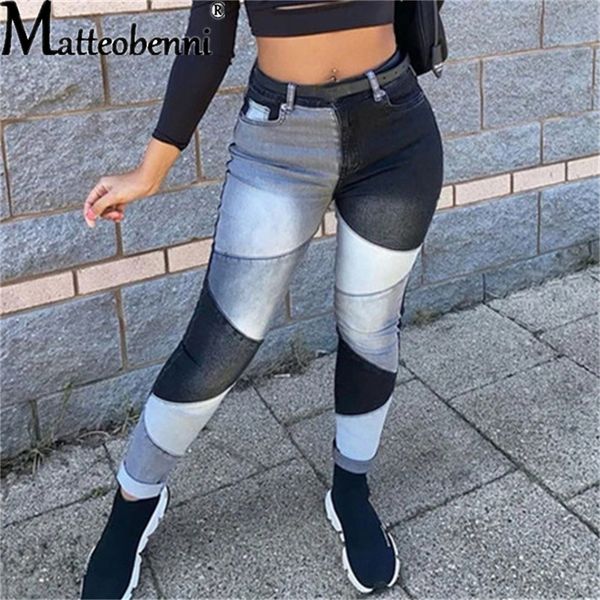 

women's jeans autumn and winter high waist stitching dark denim skinny calf trousers ladies fashion street casual black women's je, Blue