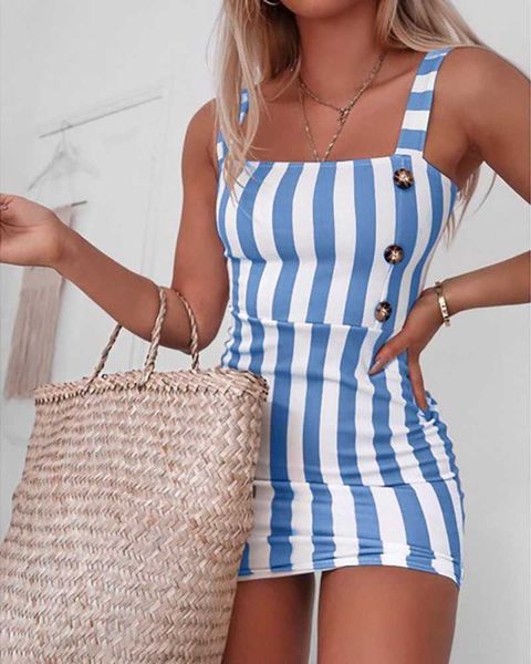 

party dresses striped thick strap square neck mini dress t230210, White;black