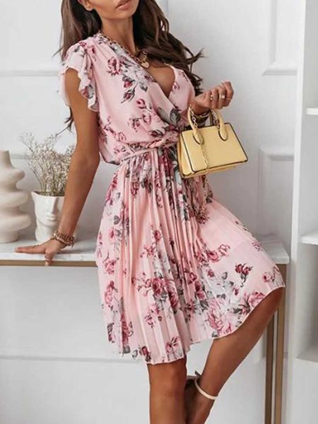 

party dresses floral print short sleeve v neck ruffles summer dress women t230210, White;black