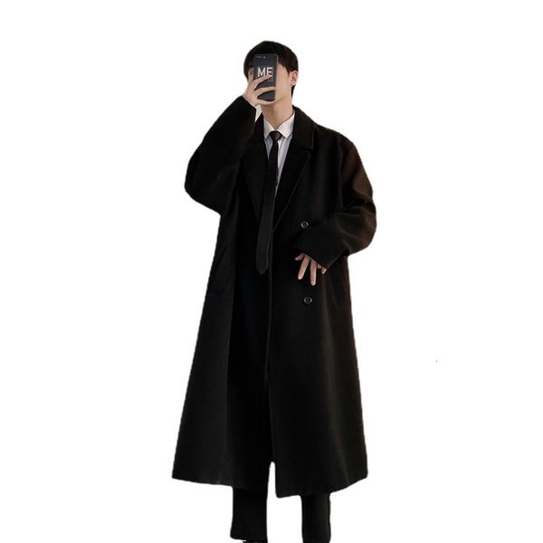 

men's wool blends spring version thickened woolen coat medium long style hong kong over knee trend solid color cotton jacket 230210, Black