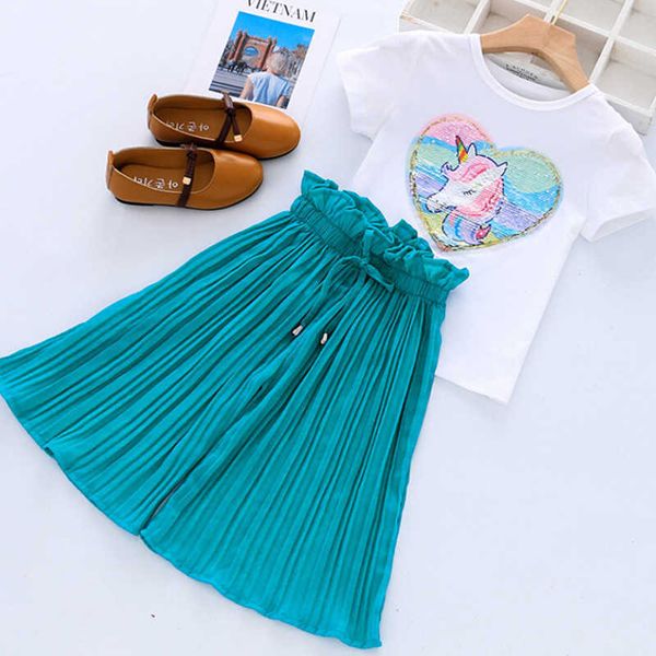 

sets baby girls summer casual clothing suits fashion cartoon sequins tshirt chiffon pants outfits children's clothes, White