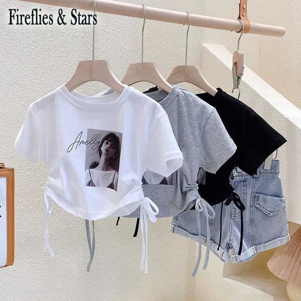 

t-shirts summer girls t shirt baby tee shirt kids children clothes fashion lolli print side lacing coul casual cotton 2-9y t230209, Blue