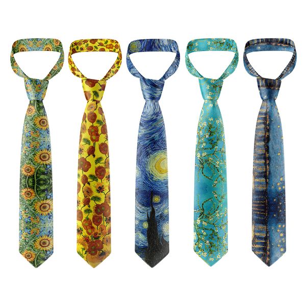 

bolo ties fashion oil painting design neckties for men van gogh sunflower starry night retro 8cm wide polyester tie women accessories 230211, Red