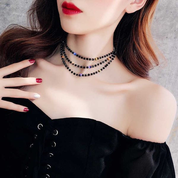 

pendant necklaces three layer atmosphere black crystal clavicle women's japan and south korea net red necklace choker collar short neck, Silver