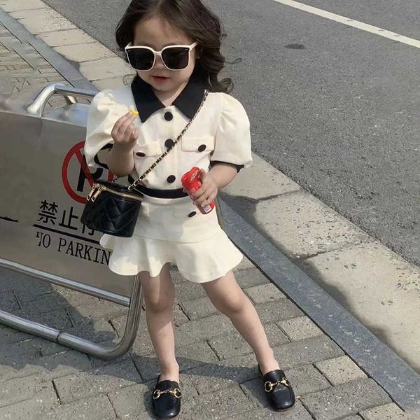 

clothing sets kids clothes set toddler outfits girls shirt skirt suit summer fashion small lapel short sleeve sports two pieces, White