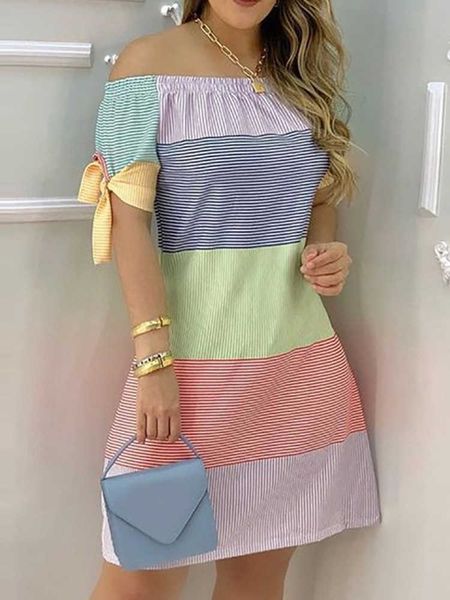 

party dresses striped print colorblock off shoulder casual dress women t230210, White;black