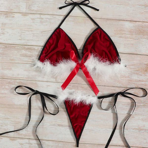 

bikinifunny christmas girl role play three-point mesh bikini seduction set d7km, Red;black