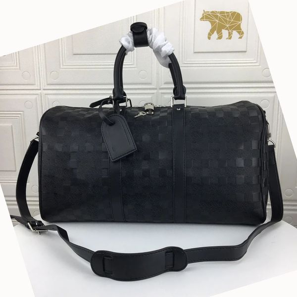 

original quality brand tote luxury designers bags handbag genuine leather men travel black plaid bag large capacity luggage duffle 45cm pouc