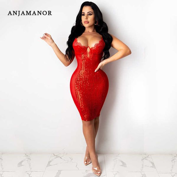 

casual dresses anjamanor bodycon midi dresses for women party club birthday outfits red balck lace mesh patchwork sequin dress d42-ez19 t230, Black;gray