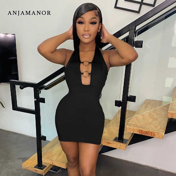 

casual dresses anjamanor halter backless bodycon dress summer 2023 fashion party night club outfits for women black mini dresses d36-ai15 t2, Black;gray