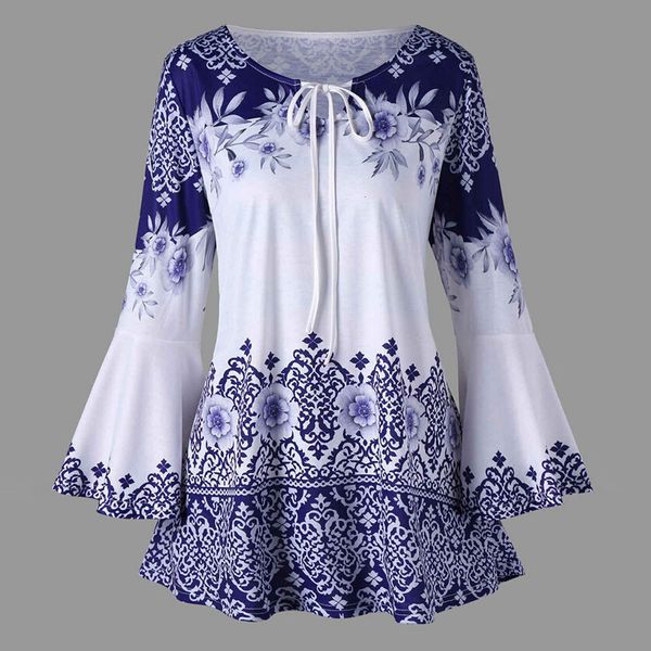 

women's blouses shirts autumn 5xl plus size blouses women bandage long sleeve o-neck floral print loose casual lace fashion shirts wom, White