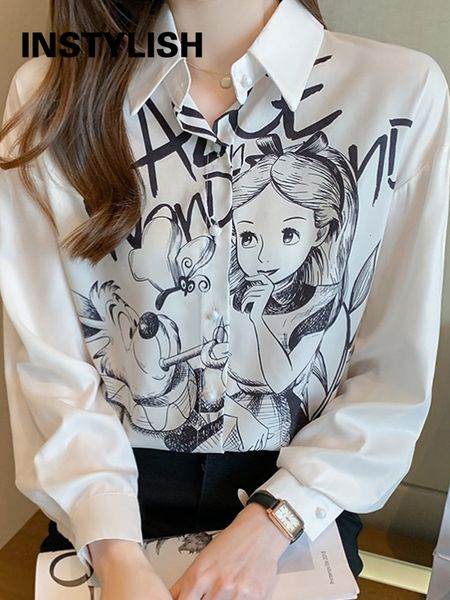 

women's blouses shirts korean harajuku cartoon print chiffon blouse elegant women long sleeve loose shirt luxury chic female tunics st, White