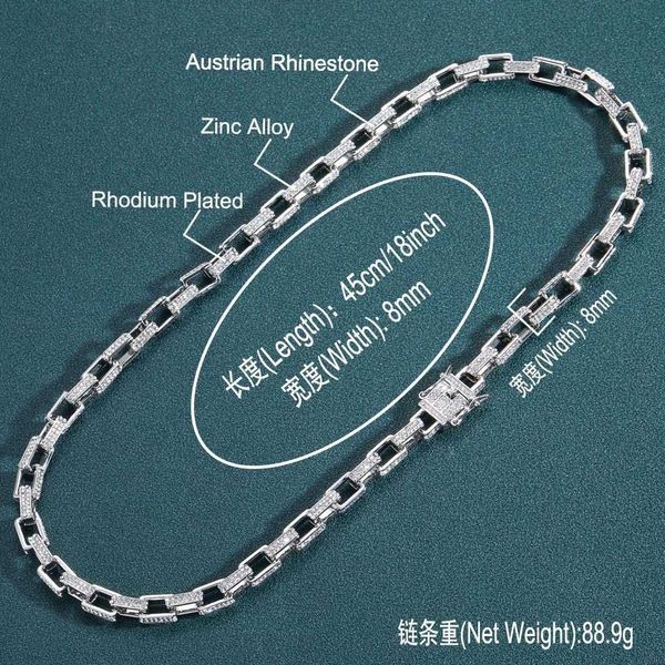 

selling 8mm long lattice inlaid alloy necklace personality hiphop hip hop fashion men's square box chain, Silver