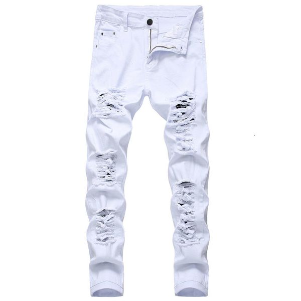 

men's jeans white fashion hip hop ripped skinny denim trousers slim fit stretch distressed zip jean pants 230211, Blue