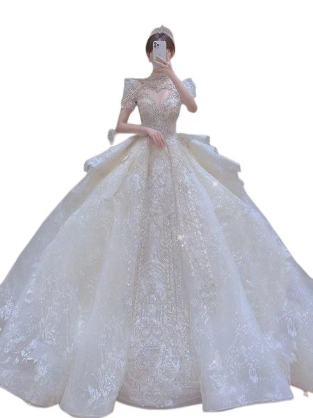 

elegant sheer long lace a line wedding dresses satin applique sweep train wedding bridal gowns with buttons beaded sequined pearls church br, White