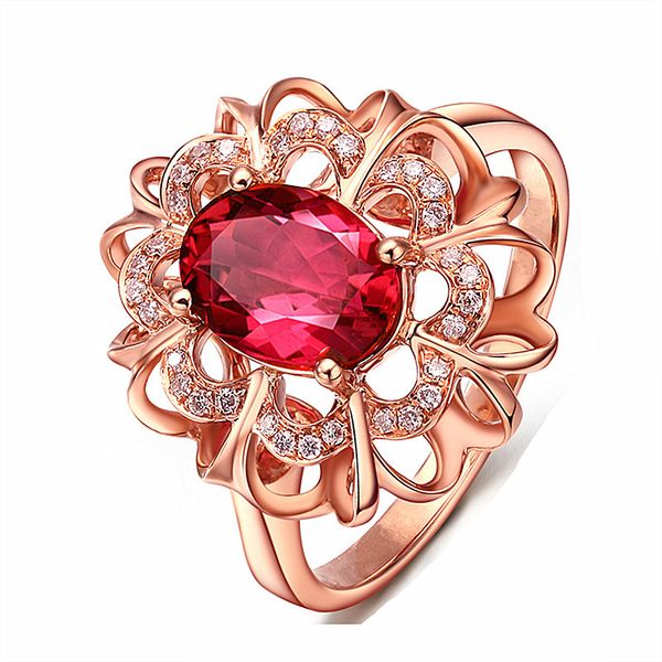 

women's rose gold plated ring red gemstone openwork flower ring, Golden;silver