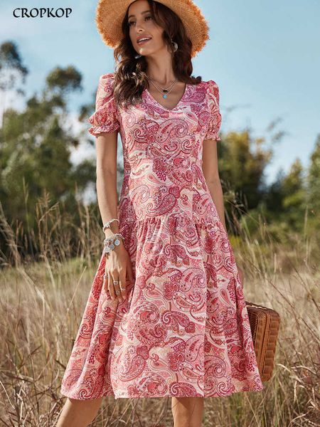 

party dresses puff sleeve midi dress woman summer casual pink print ruffle holiday beach dress fashion v neck a-line dresses for women 2022, White;black