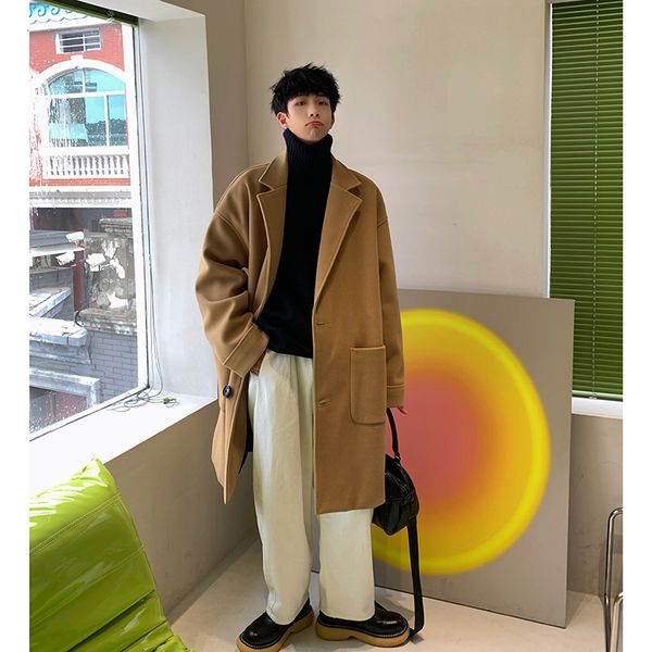

men's wool blends fashion men casual business trench coat mens leisure overcoat male streetwear punk style long coats jackets 230210, Black