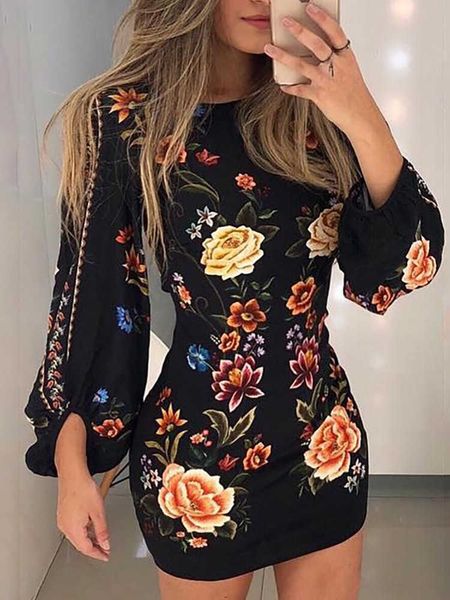 

party dresses women cutout back bishop sleeve floral bodycon dress ladies printed summer holiday skinny mini dress robe de femme streetwear, White;black