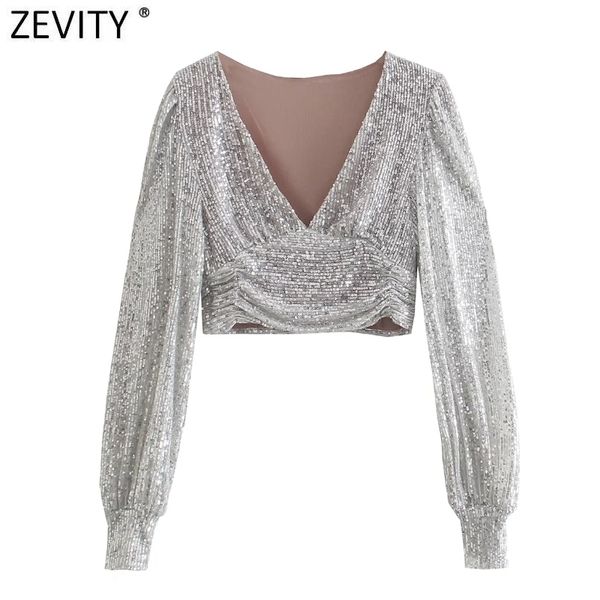 

women's blouses shirts zevity women deep v neck short sequined smock blouse lady chic pleats puff sleeve party wear crop shirts blusas, White
