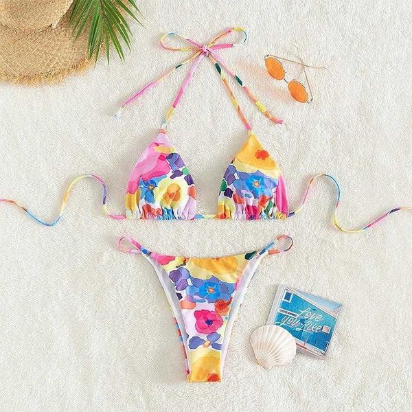 

foreign single bikini printed lace up triangle split swimsuit female, White;black