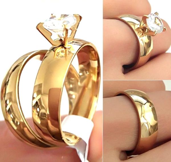 

solitaire ring 24pcs 12sets gold plate silver color couples wedding band zircon lovers anniversary party jewelry for men women 230211, Golden;silver