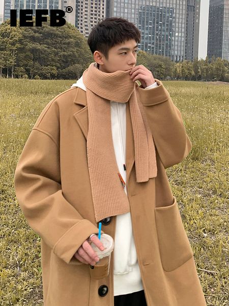 

men's wool blends iefb autumn male long woolen coat turndown collar single breasted overcoat solid color winter korean chic 24a702 2302, Black
