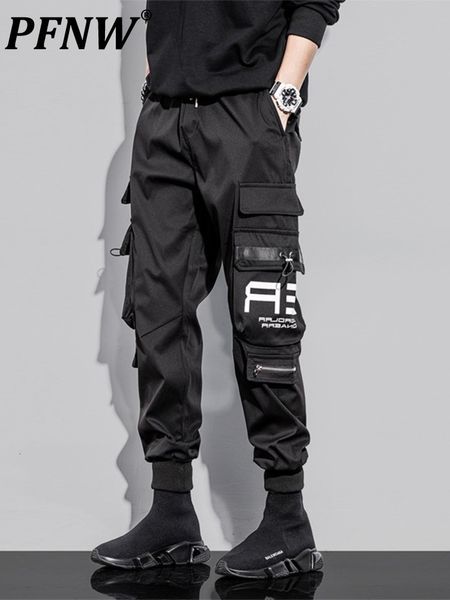 

men's pants pfnw man cargo pants slim pencil mid elastic waist man high street streetwear autumn thin functional wind men's trouse, Black