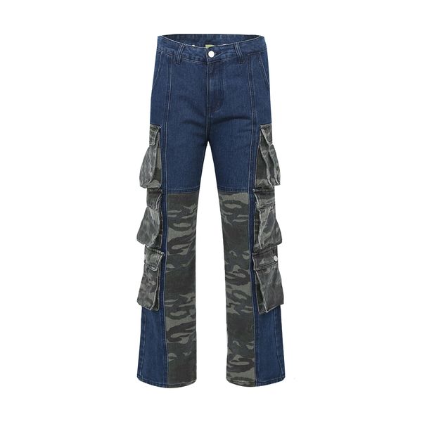 

men's jeans street wear camouflage patchwork cargo flared harajuku functional side multiple pockets camou pants baggy 230210, Blue
