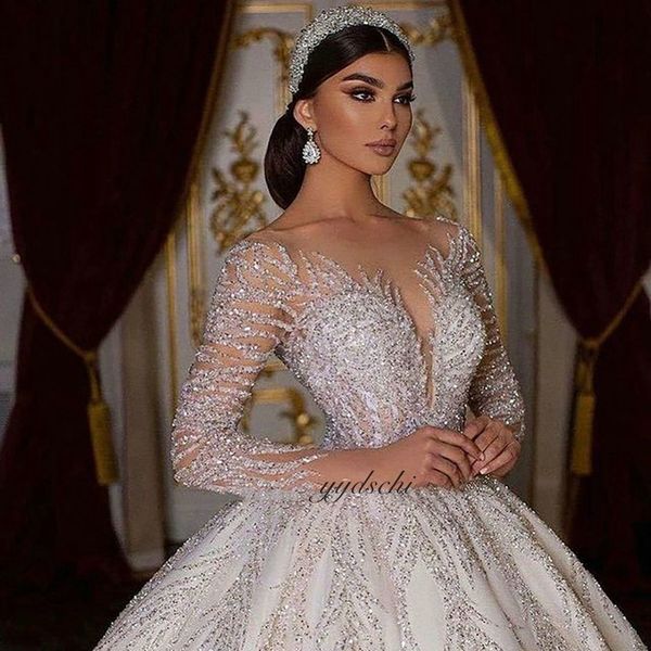 

party dresses 2023 exquisite v neck long sleeves ball gown wedding dress sparkly crystal appliques backless beading bridal for women 230211, White;black
