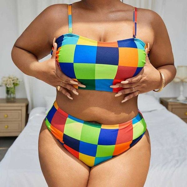 

split fluorescent color block printing plus size bikini beach swimsuit, White;black