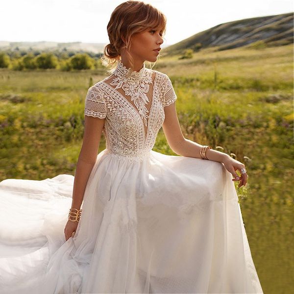 

party dresses lace tulle high collar wedding dress hat sleeve a shaped bohemian bride vintage elegant gown 230211, White;black