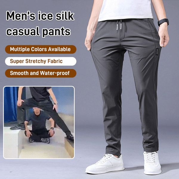 

men's pants men fast dry stretch pants ice silk trousers solid color mid-waist loose breathable straight-leg casual pants thin sports p, Black