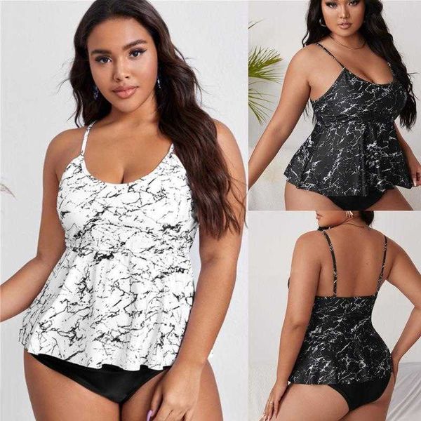 

plus size split bikini slip dress letter marble print swimsuit, White;black