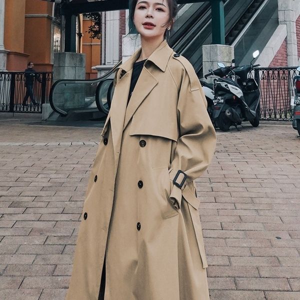 

women's trench coats khaki long trench england style knee-length loose coats women spring autumn fashion solid colors double breasted l, Tan;black