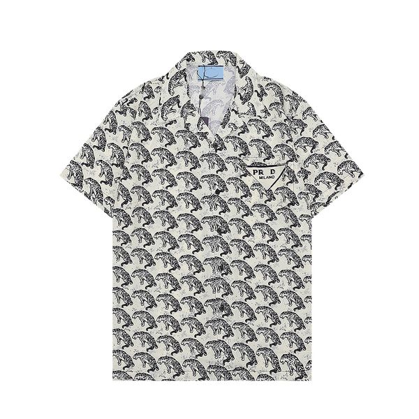 

designer men's shirt lapel fashion triangle plate brand high-quality cotton lined digital full body pattern printed short sleeve casual, White;black