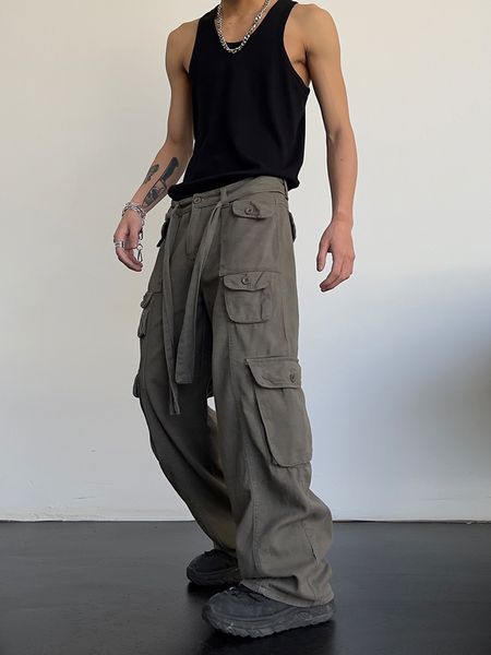 

mens pants high street retro casual large pocket overalls mens and womens summer high waist loose straight tube draped wide leg pants 230211, Black