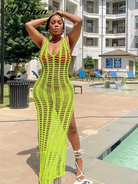 

casual dresses dulzura summer see through neon y2k clothes cut out sleeveless side slit crochet bodycon maxi dresses for women 2022 club par, Black;gray