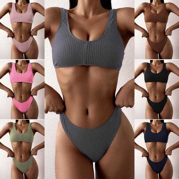 

sunken stripe womens seperated swimwear solid color u neck high waist bikini, White;black