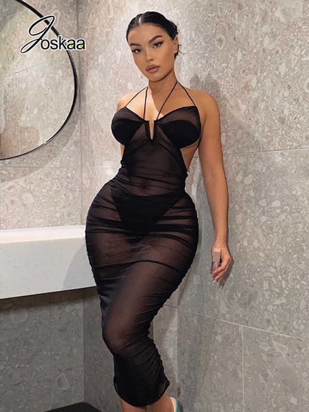 

party dresses joskaa halter sleeveless mesh see through dresses for women 2022 summer night club wear backless bodycon black maxi dress t230, White;black