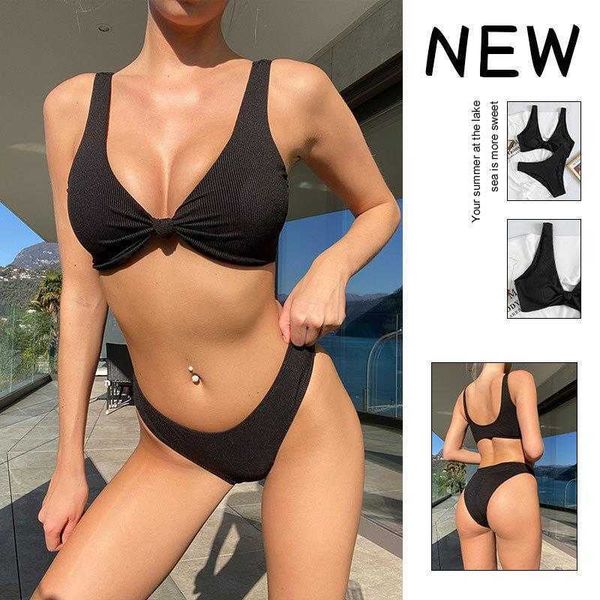 

solid color sling backless swimsuit two piece set triangle split, White;black