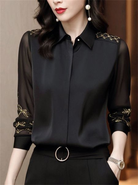 

women's blouses shirts women spring autumn style chiffon blouses shirts lady embroidery long sleeve turn-down collar lace decor blusas, White