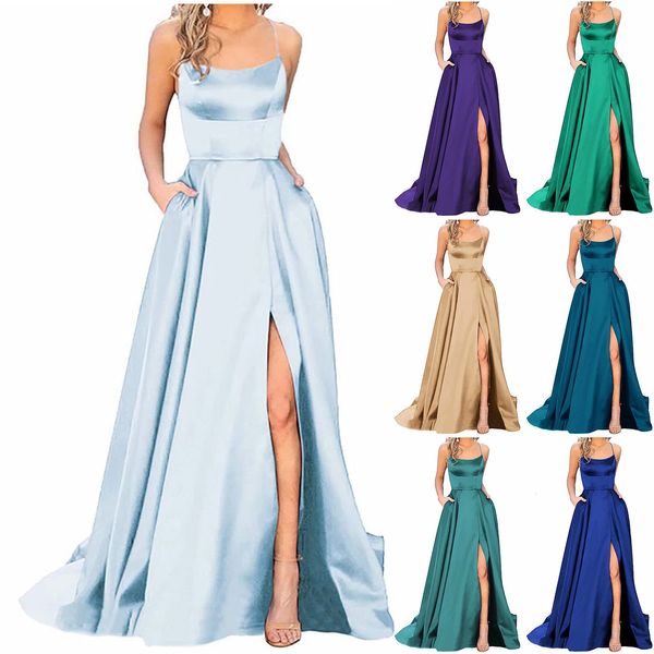 

party dresses women elegant halterneck backless long dresses slit criss-cross satin spaghetti strap party prom dress evening ceremonial dres, White;black